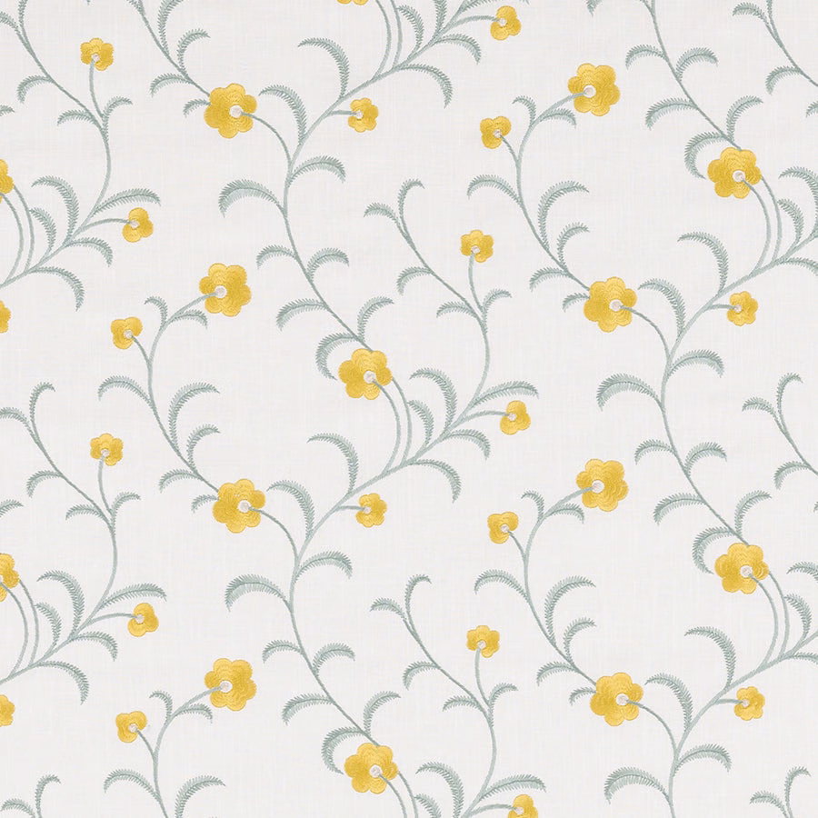 Ivory floral fabric with ochre blossoms and sage trailing stems