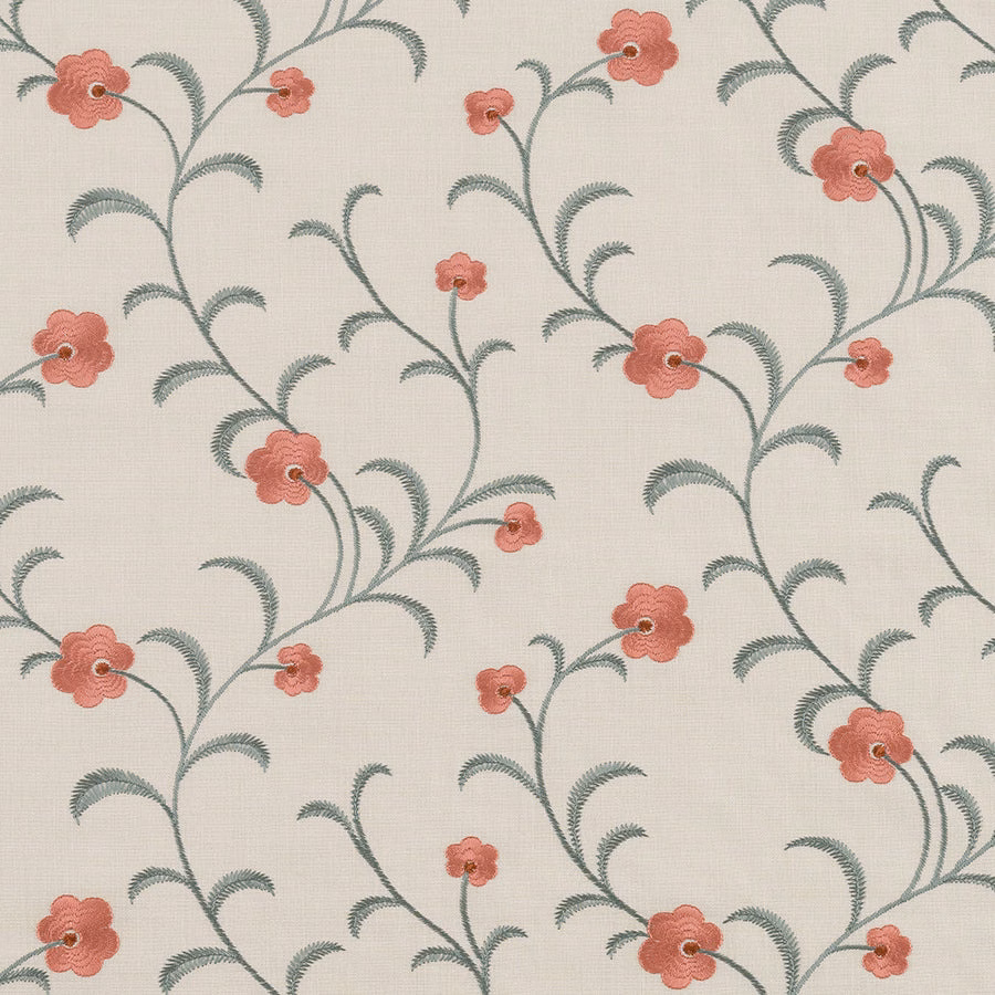 Cream fabric swatch with trailing teal stems and coral-pink floral motif