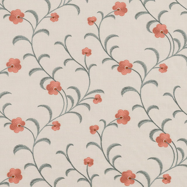 Cream fabric swatch with trailing teal stems and coral-pink floral motif