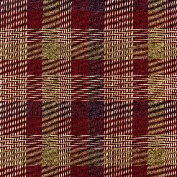 Close-up of a carmine red tartan check fabric with olive and cream stripes