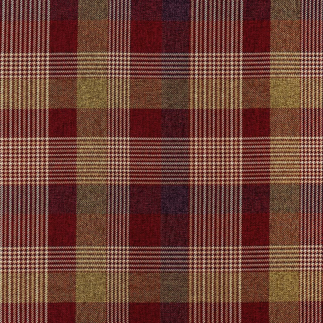 Close-up of a carmine red tartan check fabric with olive and cream stripes
