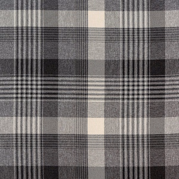 Charcoal and grey tartan check fabric with pale cross stripes and woven texture