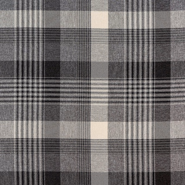 Charcoal and grey tartan check fabric with pale cross stripes and woven texture