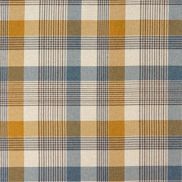 Checked fabric swatch in cornflower blue, ochre, cream and taupe weave