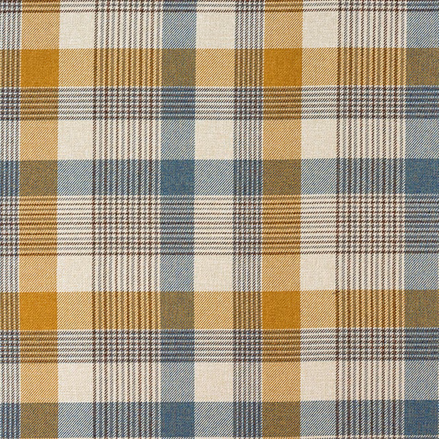 Checked fabric swatch in cornflower blue, ochre, cream and taupe weave