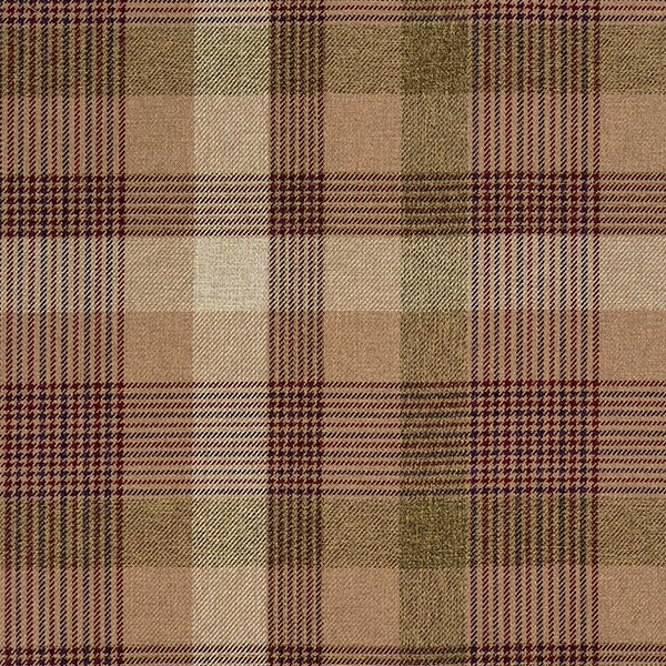 Beige and taupe plaid fabric with plum-brown check lines and woven texture