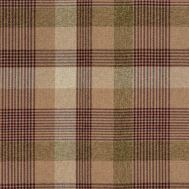 Beige and taupe plaid fabric with plum-brown check lines and woven texture