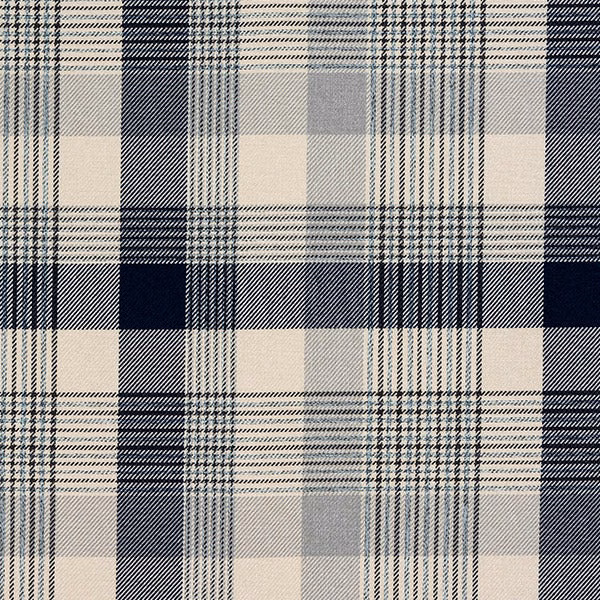 Blue and cream tartan check fabric with crisp indigo bands