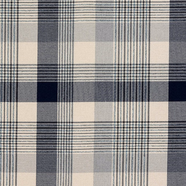 Blue and cream tartan check fabric with crisp indigo bands