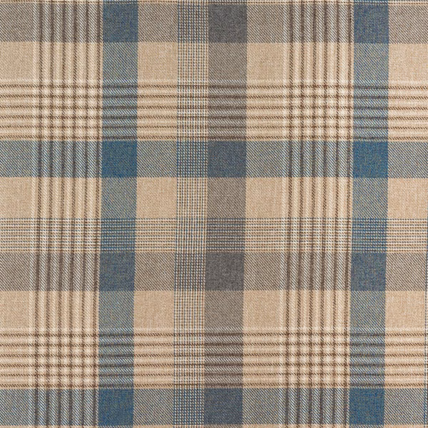 Muted blue and beige plaid fabric swatch with fine woven check lines