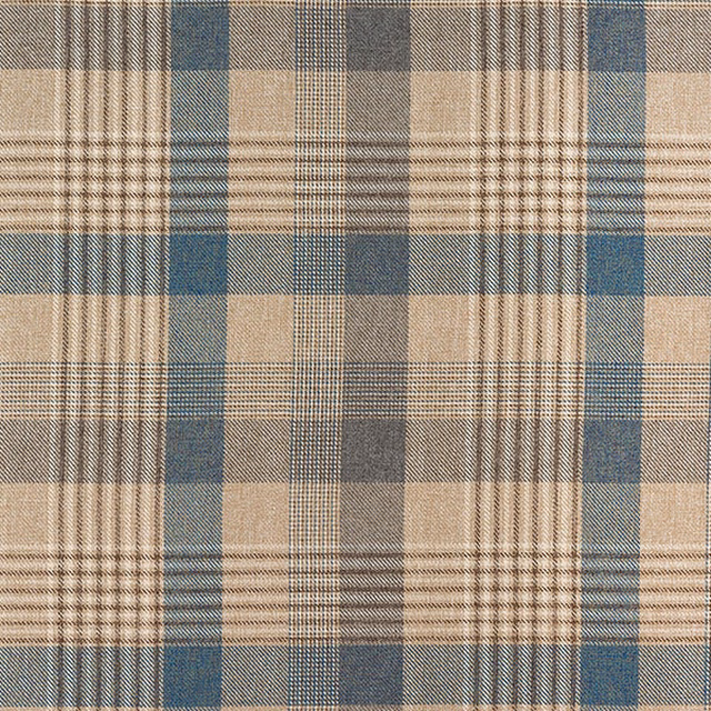 Muted blue and beige plaid fabric swatch with fine woven check lines