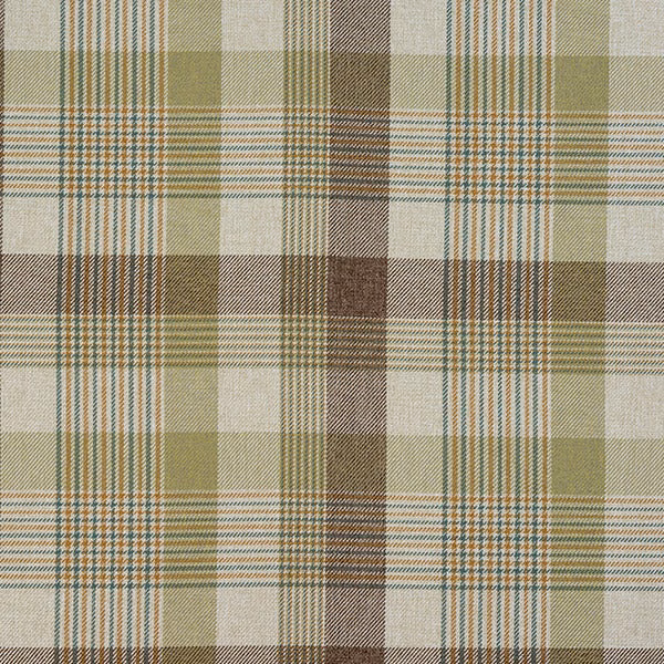 Pistachio green checked fabric with cream, olive and teal stripe accents