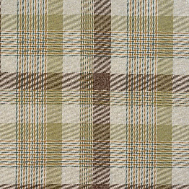 Pistachio green checked fabric with cream, olive and teal stripe accents