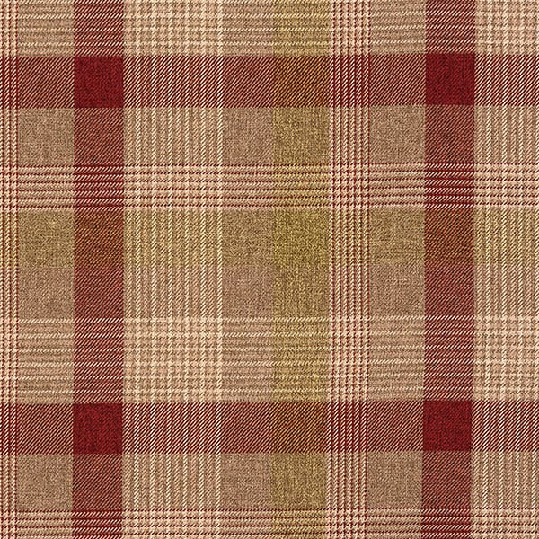Muted sage and beige plaid fabric with burgundy stripes and fine woven texture