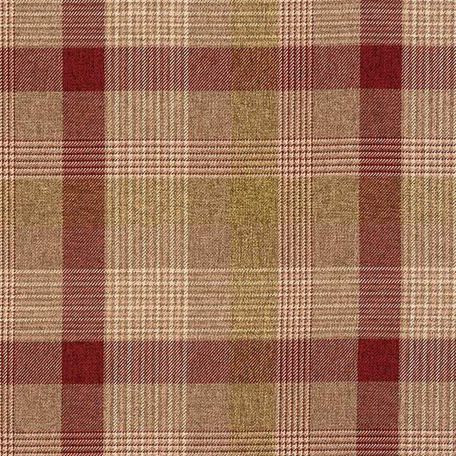 Muted sage and beige plaid fabric with burgundy stripes and fine woven texture