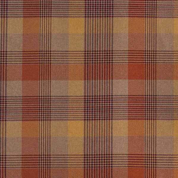 Warm terracotta and mustard tartan check fabric with woven texture