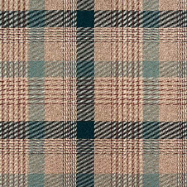 Muted teal, blush and beige checked fabric with fine woven tartan stripes