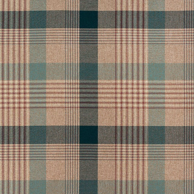 Muted teal, blush and beige checked fabric with fine woven tartan stripes