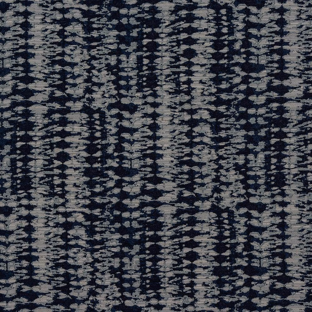 Close-up of indigo and grey woven stripe fabric with textured, irregular marks
