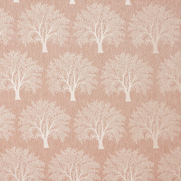 Blush pink woven fabric with repeating ivory tree motif and diagonal texture
