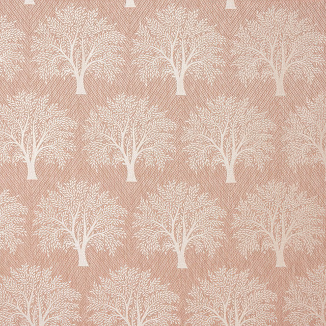 Blush pink woven fabric with repeating ivory tree motif and diagonal texture