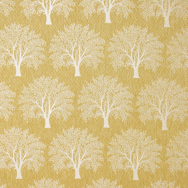 Chartreuse fabric with white tree motifs and fine diagonal striations