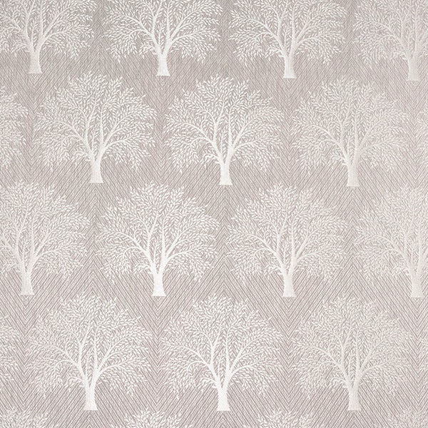 Pale dove-grey fabric with repeating white tree motif and fine diagonal texture