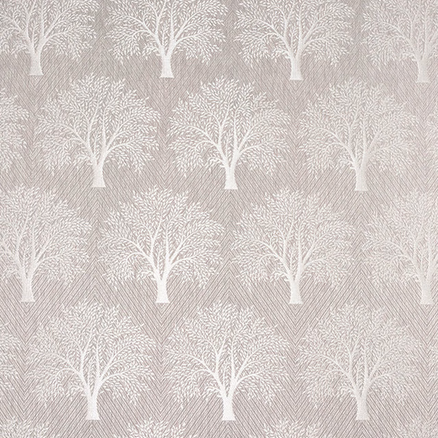 Pale dove-grey fabric with repeating white tree motif and fine diagonal texture