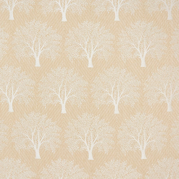 Cream tree-motif fabric with pale white woven design on a sandy ground