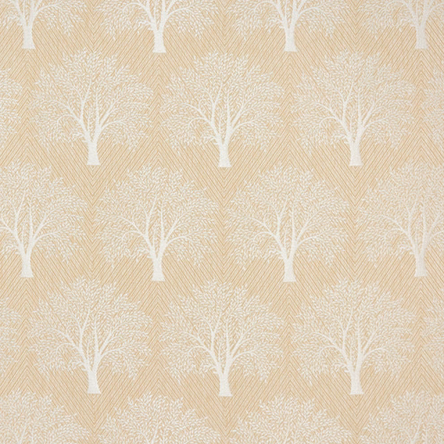 Cream tree-motif fabric with pale white woven design on a sandy ground