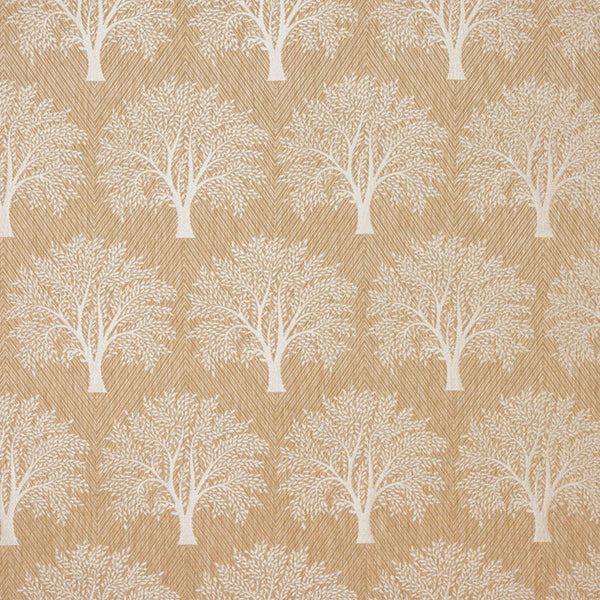 Oatmeal beige fabric with white tree motif and fine herringbone texture