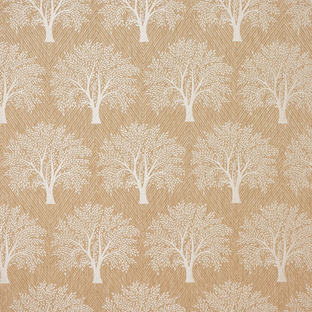 Oatmeal beige fabric with white tree motif and fine herringbone texture