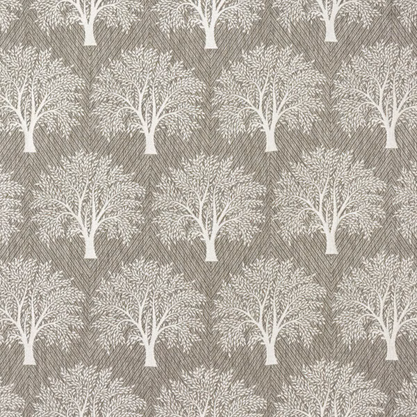 Pewter taupe fabric with white tree motif and fine diagonal weave