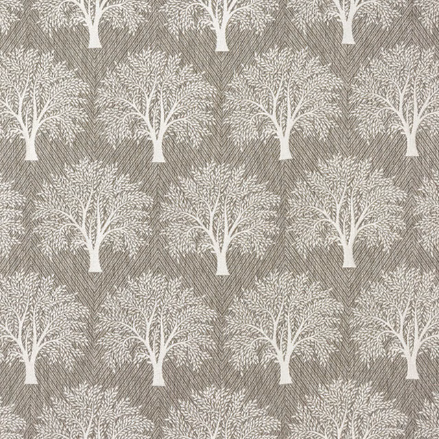 Pewter taupe fabric with white tree motif and fine diagonal weave