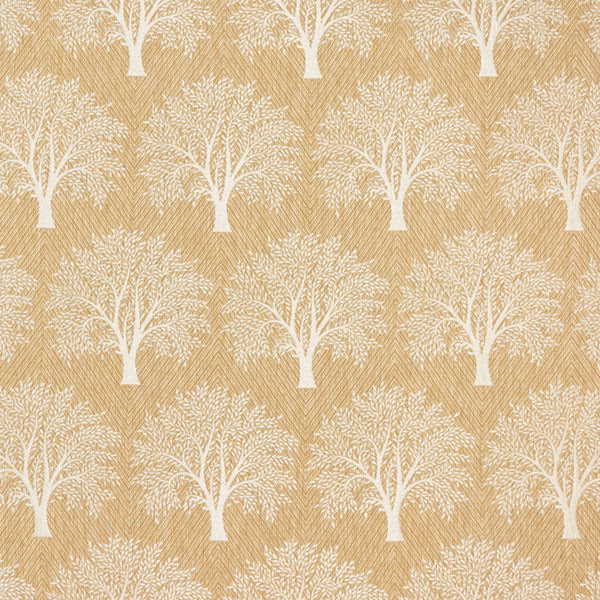 Sand beige fabric with cream tree motifs and fine diagonal woven texture
