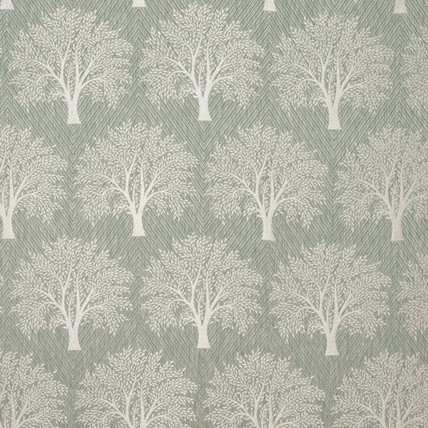 Soft seafoam woven fabric with ivory tree motifs and diagonal textured ground