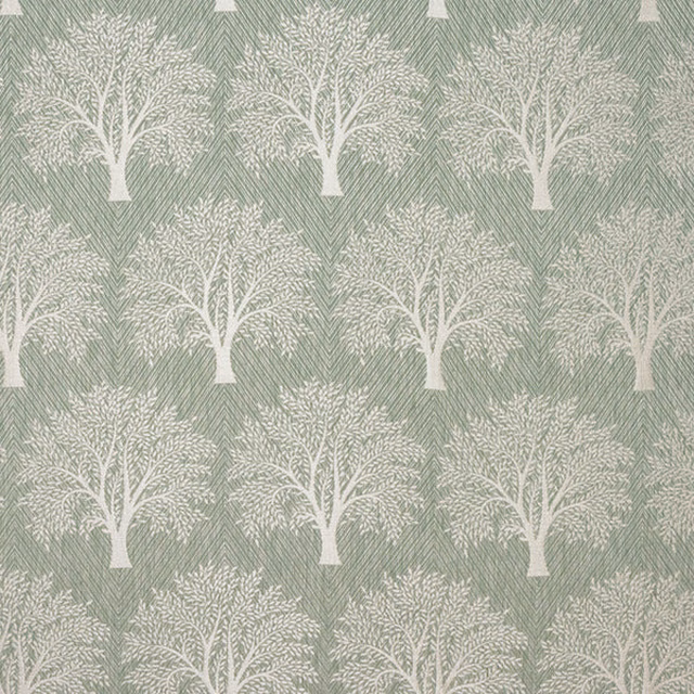 Soft seafoam woven fabric with ivory tree motifs and diagonal textured ground