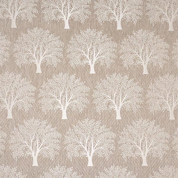 Stone beige woven fabric with ivory tree motif and diagonal textured ground