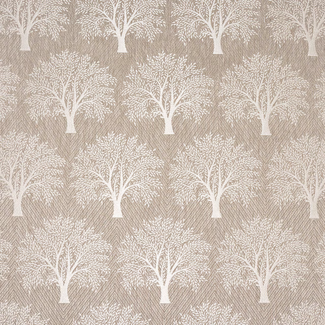 Stone beige woven fabric with ivory tree motif and diagonal textured ground