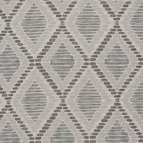 Dove-grey geometric woven fabric with dotted lattice and striped oval motifs