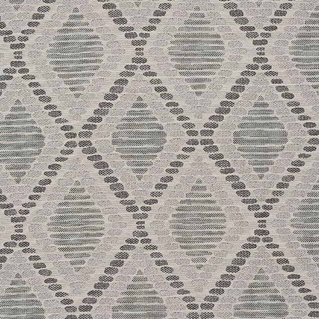 Dove-grey geometric woven fabric with dotted lattice and striped oval motifs