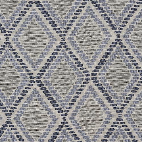 Muted indigo geometric diamonds and ovals on a pale grey woven fabric