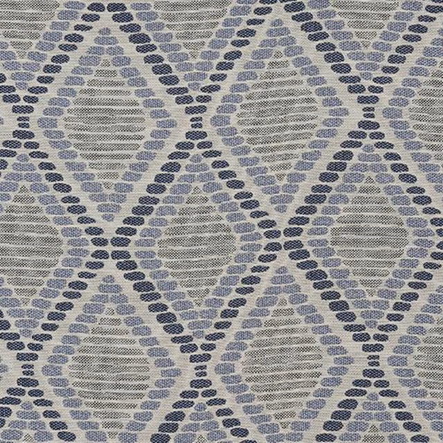 Muted indigo geometric diamonds and ovals on a pale grey woven fabric