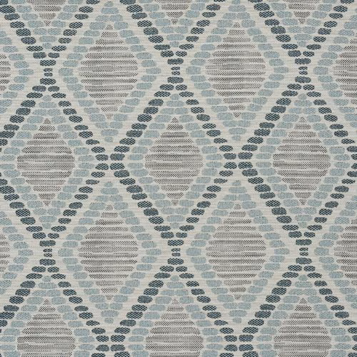 Seafoam geometric woven fabric with grey striped diamonds and blue-grey dotted outlines