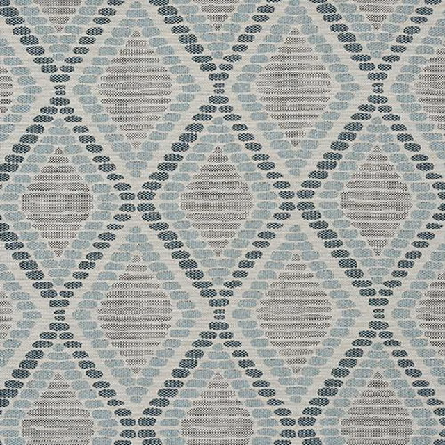 Seafoam geometric woven fabric with grey striped diamonds and blue-grey dotted outlines