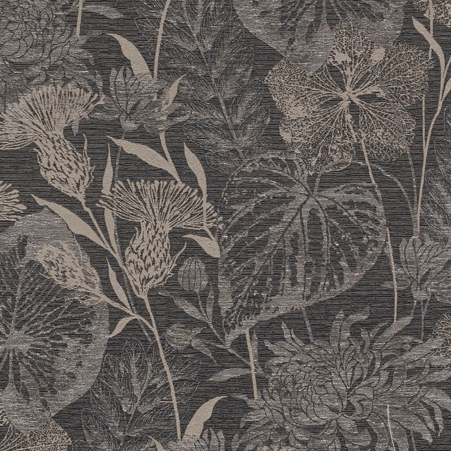 Charcoal woven fabric with large tonal botanical leaves and seed heads