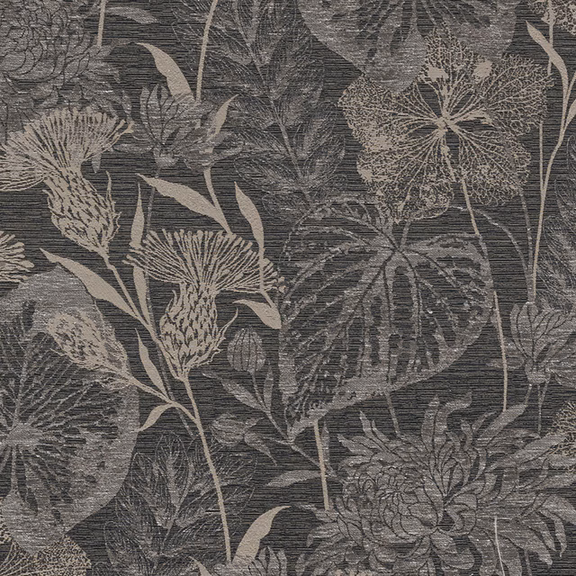 Charcoal woven fabric with large tonal botanical leaves and seed heads