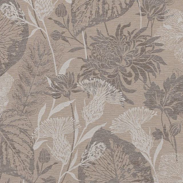 Tonal beige botanical woven fabric with large taupe leaves and pale ivory seedheads
