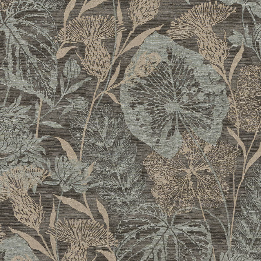 Large botanical fabric with seafoam, beige and grey leaves on a dark textured ground