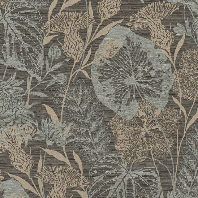 Large botanical fabric with seafoam, beige and grey leaves on a dark textured ground